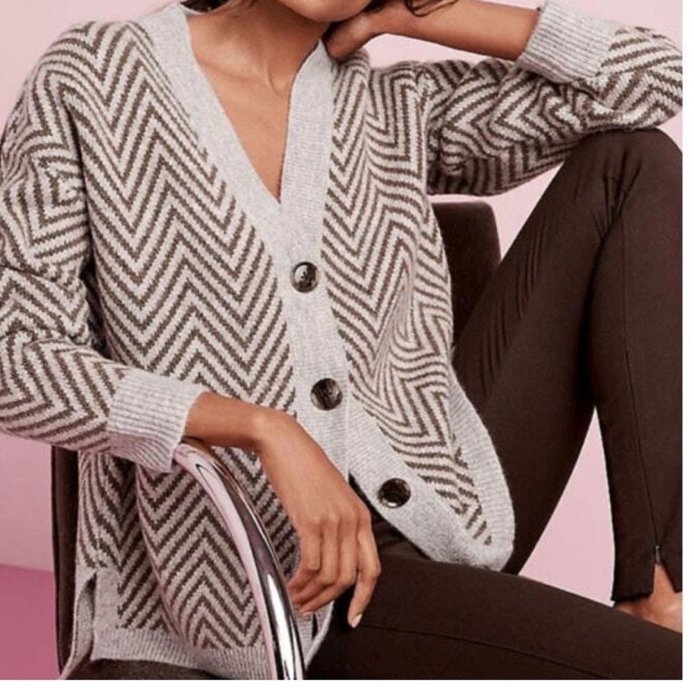Ann Taylor Petite Gray & Brown Herringbone Boyfriend Button Up Cardigan Sweater